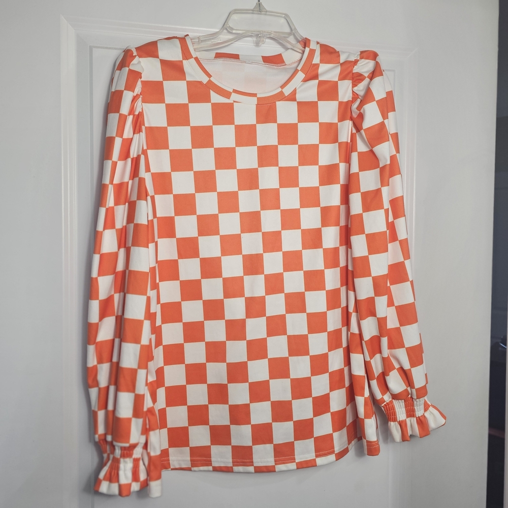 Top Trendy Orange Checkerboard Plaid Round Neck Casual Fall
